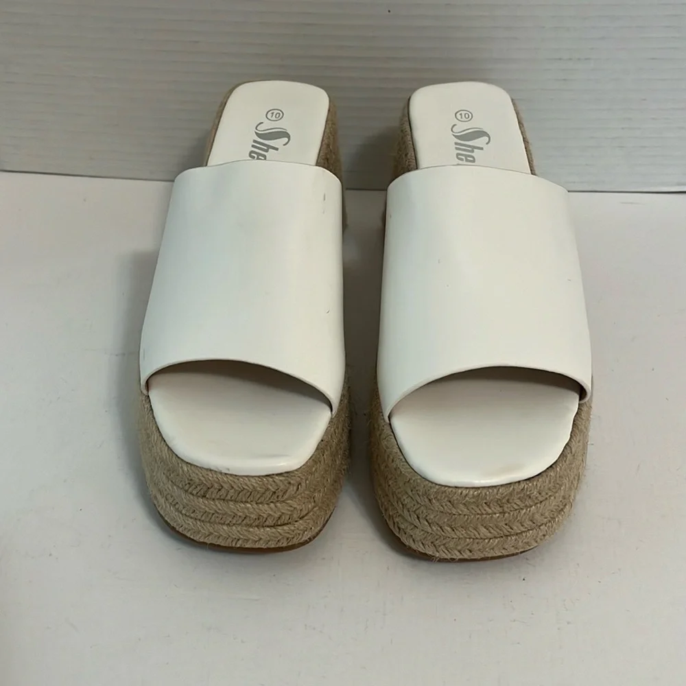 Sandal shoes woman’s 10 white jute espadrille slip on chunky platform wedge heel